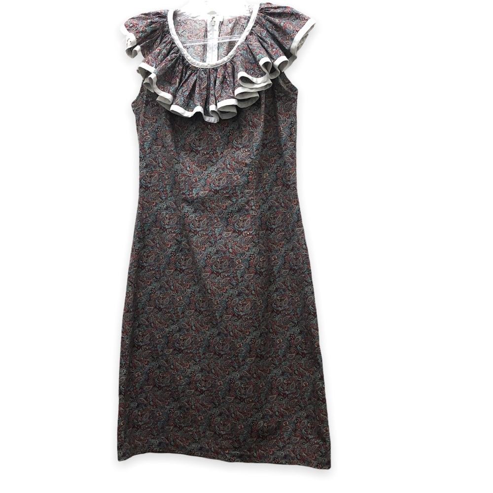 Home-Made Paisley Print Sheath Dress with Ruffled  Neckline W Size 8 Mult-Color